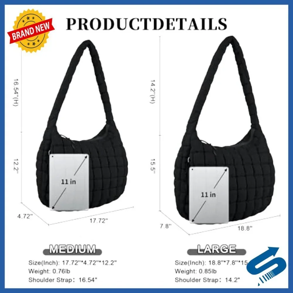 Quilted Puffer Tote Hobo Bag Crossbody Shoulder Nylon Travel Carryall